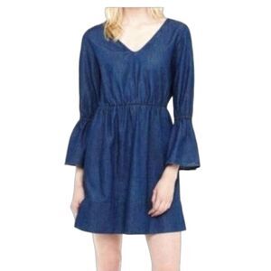 Club Monaco Women's Blue Chambray Denim V-Neck Flare Sleeve Mini Dress Size 10